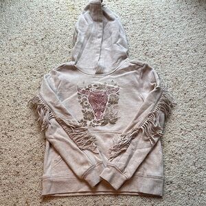 Fringed Beige Hoodie with Bull Design